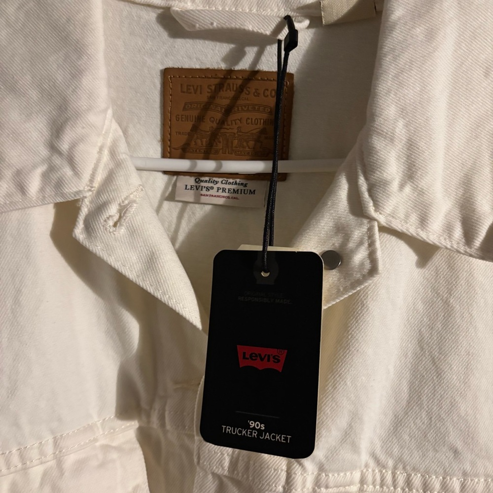 Levi's White Denim Jacket with Green and Pink Accents